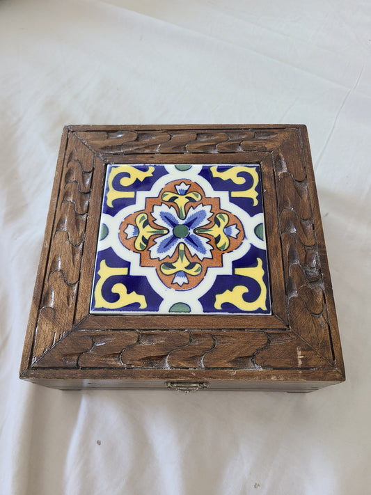 Mexican Tile Trinket Box Hand Carved Wood