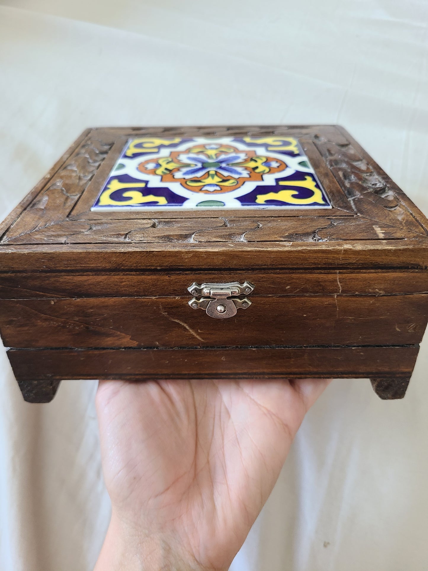 Mexican Tile Trinket Box Hand Carved Wood