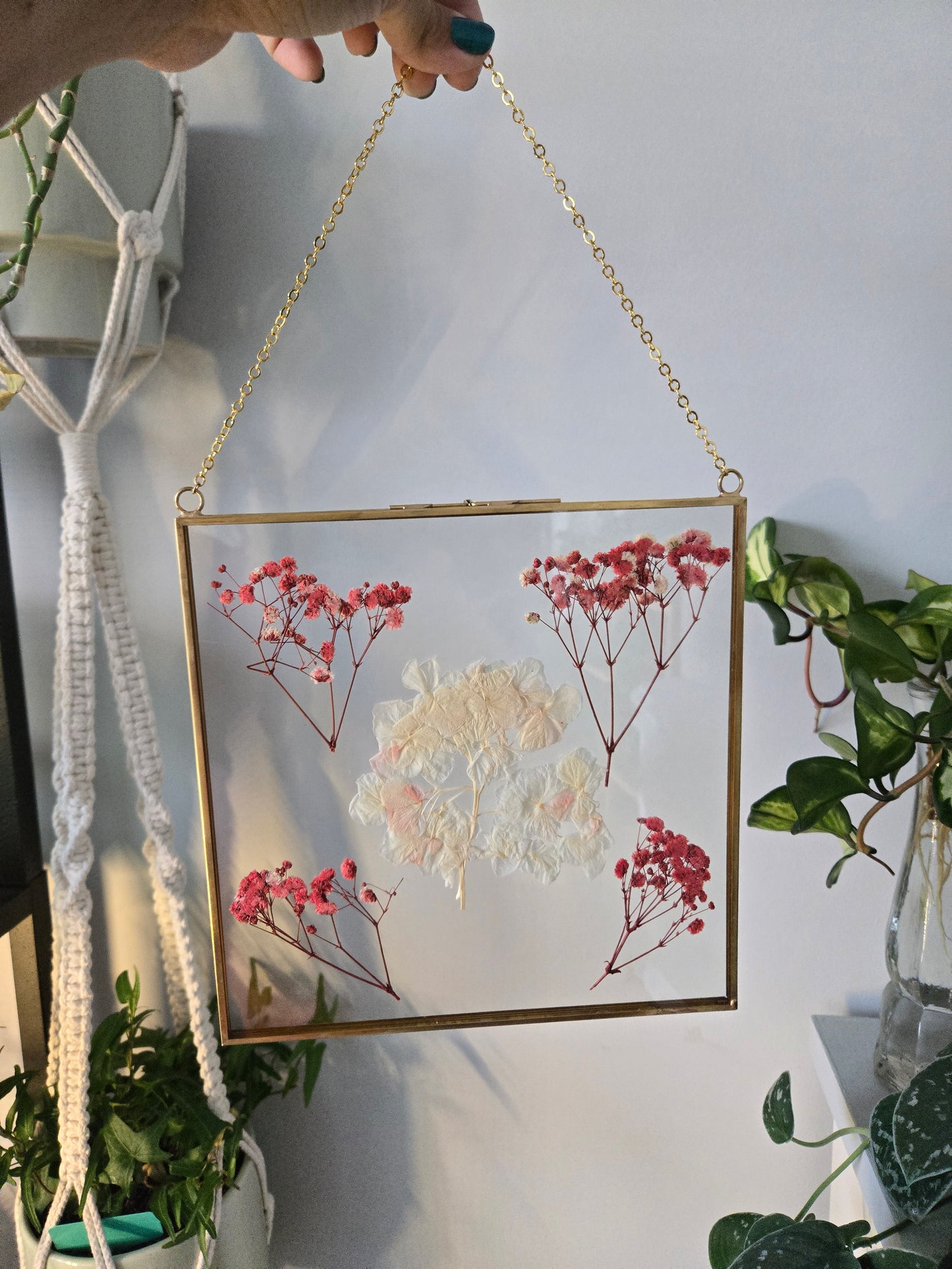 8x8in White and Pink Pressed Flower Suncatcher