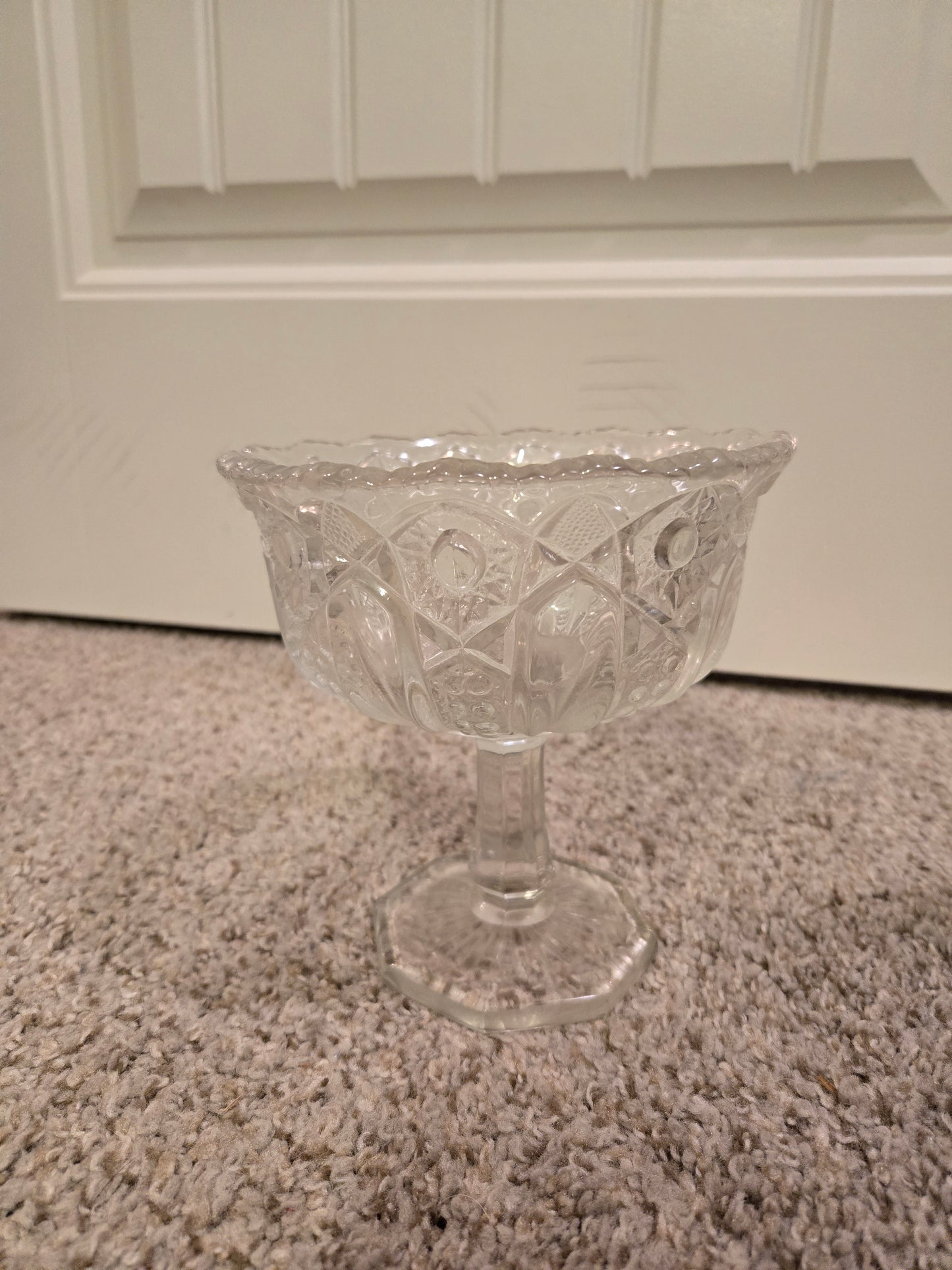 McKee Quintec Sunburst Pattern Crystal Clear Pressed Glass Compote, Early 1900s Vintage Depression Era