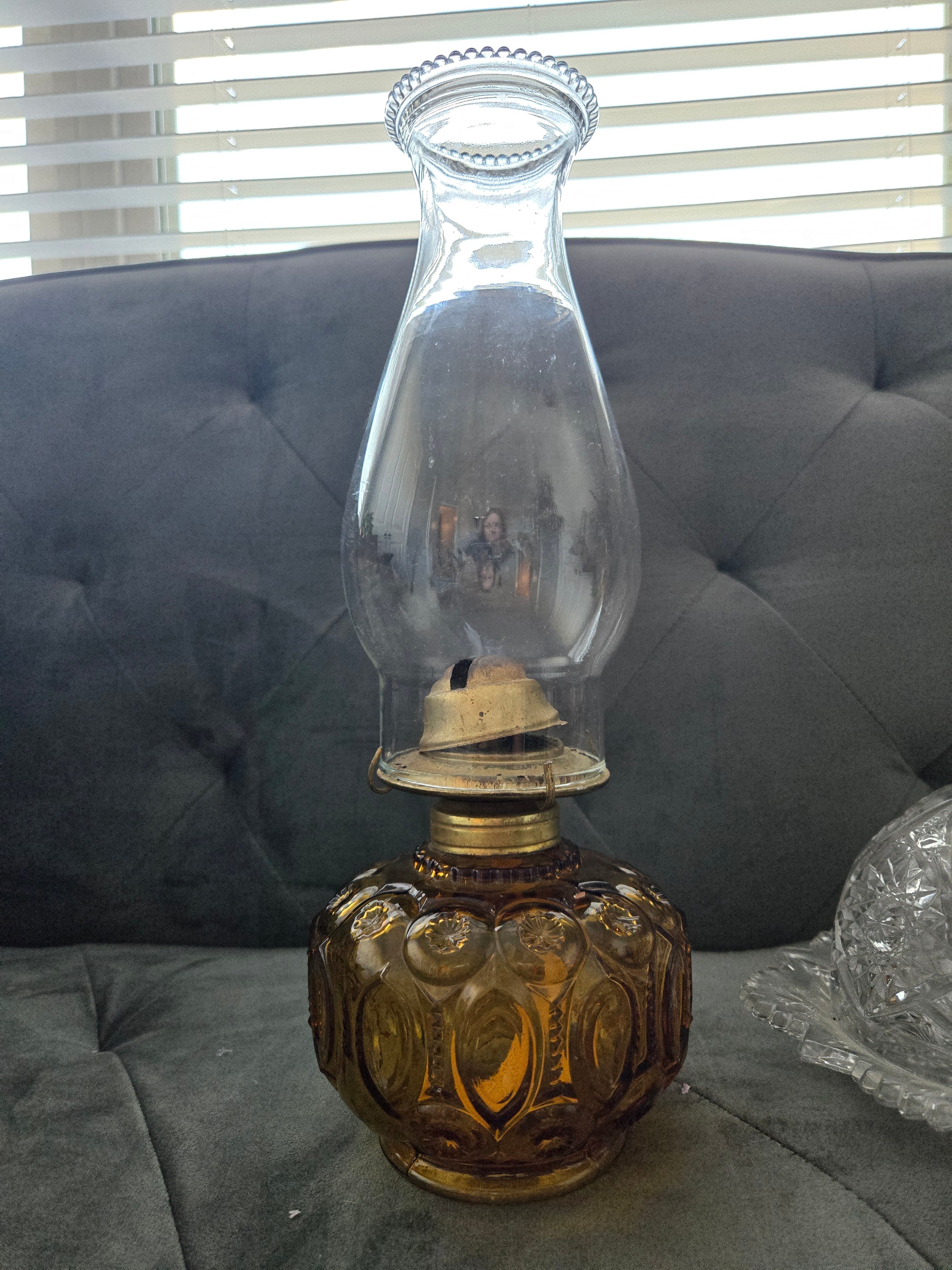 Vintage Riekes Crisa Amber Glass Oil Lamp high quality with Frosted Chimney Collectible